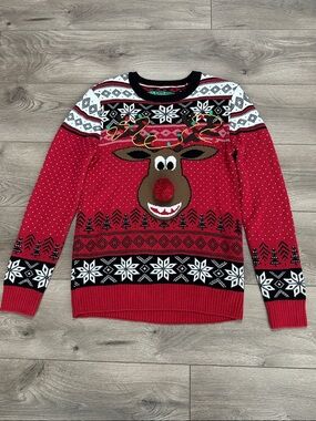 Ugly Christmas Sweater Rudolph Reindeer Long Sleeve Red Brown Size Medium